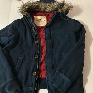 Hollister Women’s Large fur outlined hooded blue coat zip button